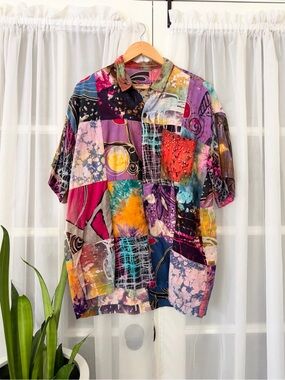 Vintage Patchwork Button Down Collar Oversized Shirt Sz M